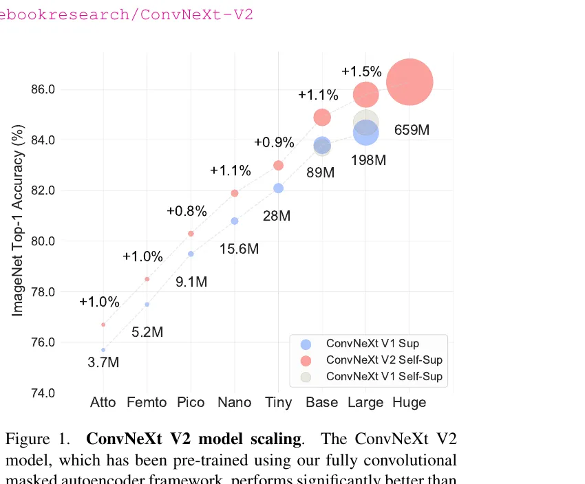 ConvNeXt V2のFCMAE事前学習によるモデル別スケーリング