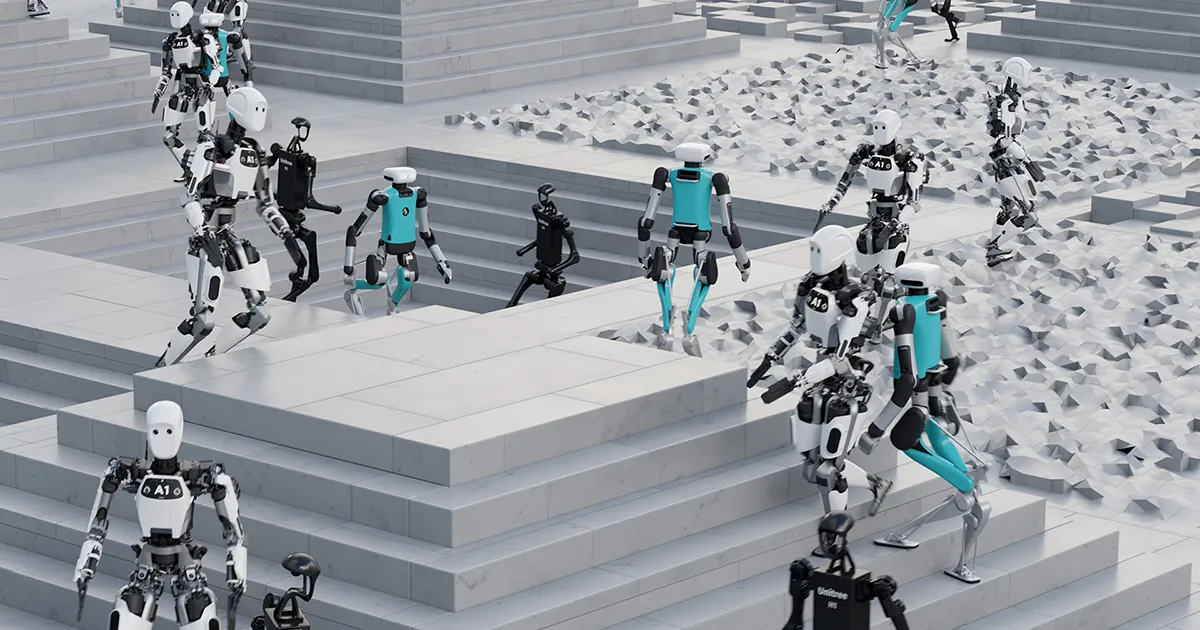 NVIDIA Isaac Simの階段状シーンで多数の人型ロボットが同時に動作しているシミュレーション画像