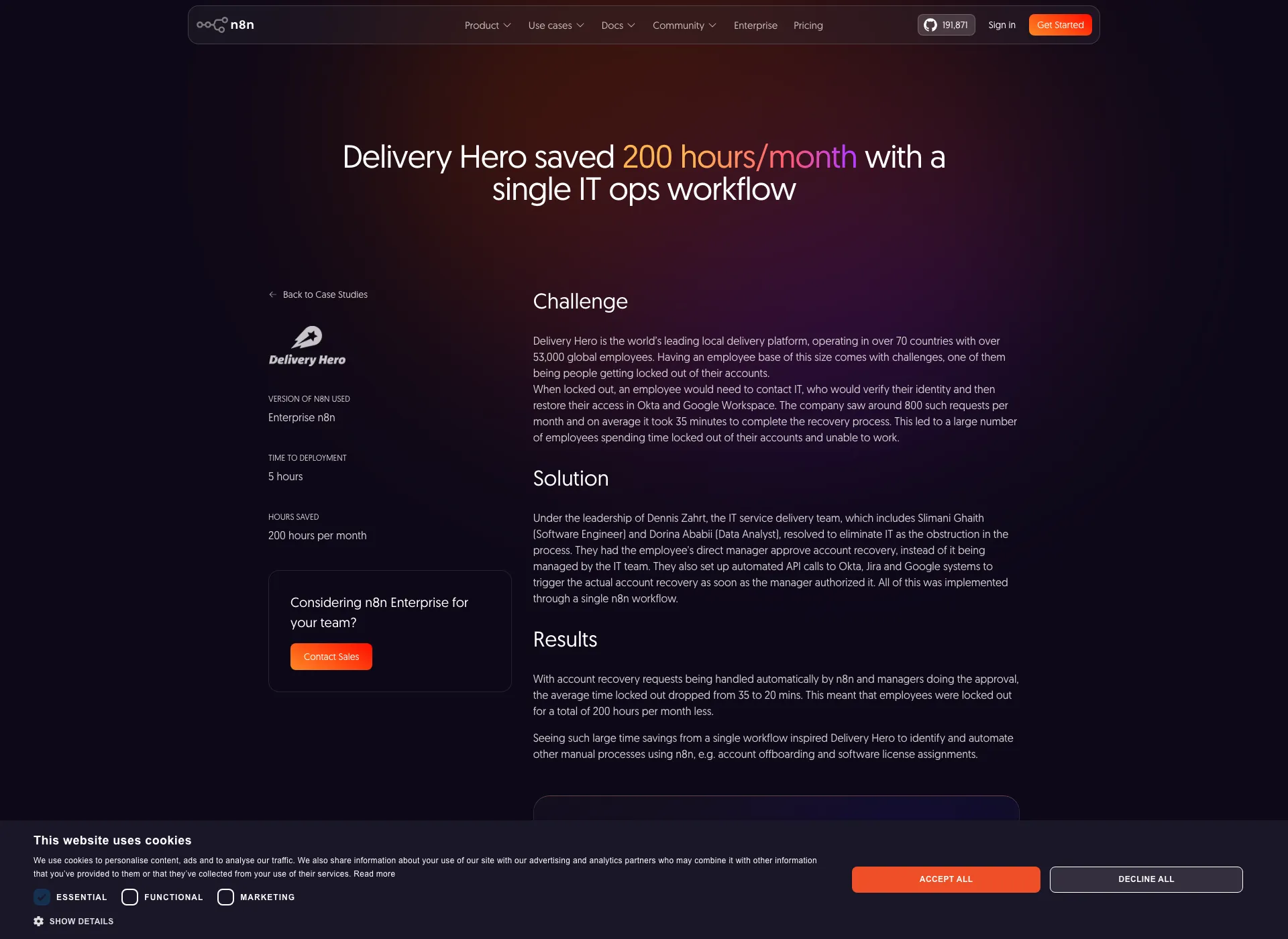 Delivery Hero × n8nケーススタディ「saved 200 hours/month with a single IT ops workflow」