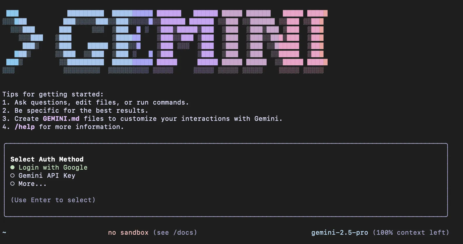 Gemini CLIのトップ画面