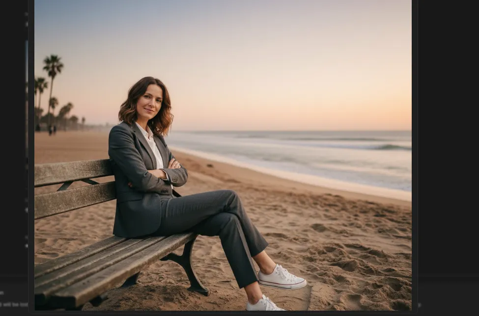 「この人をビジネススーツに変えて」「腕を組んだポーズに」と指示。