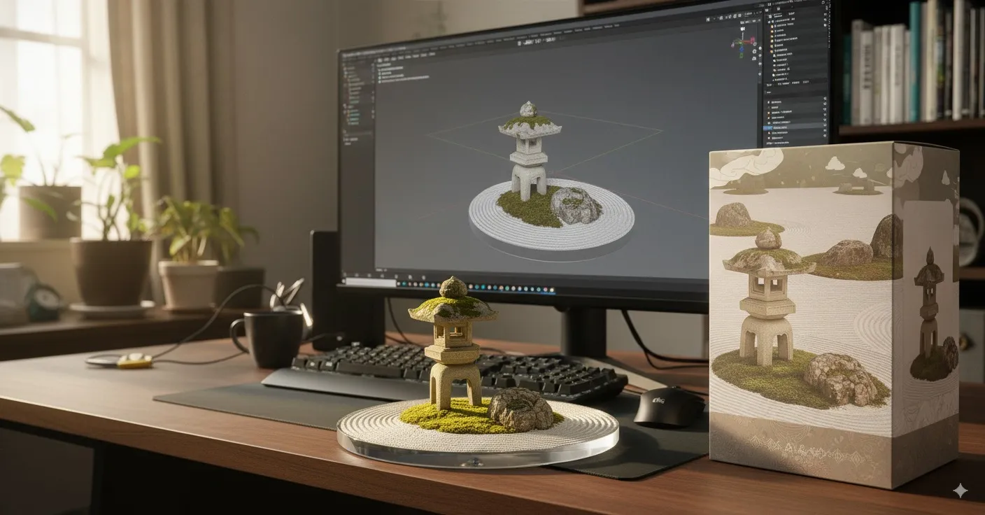 ここに、石庭のジオラマ模型風の画像