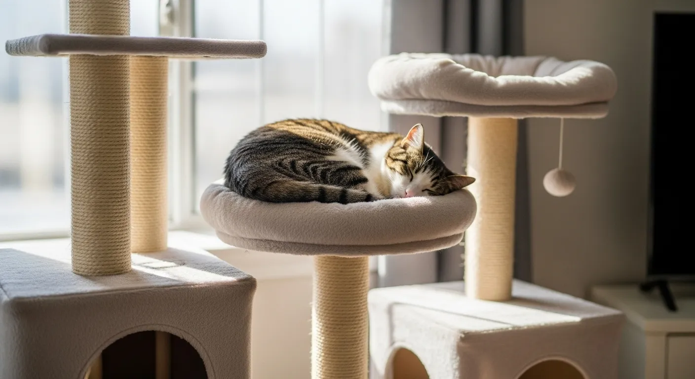 キャットタワーの上で丸まって眠っている猫の全身写真の画像