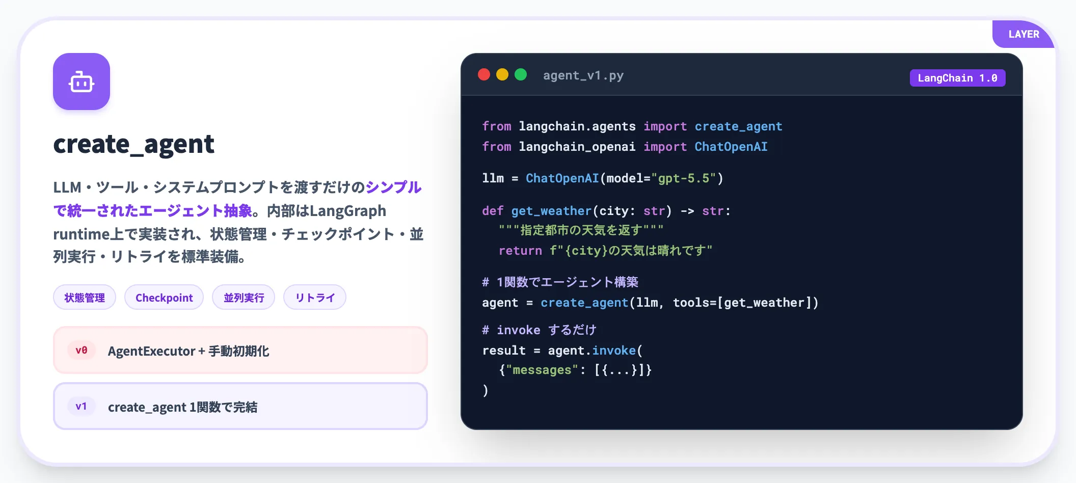 新しいエージェント抽象create_agent