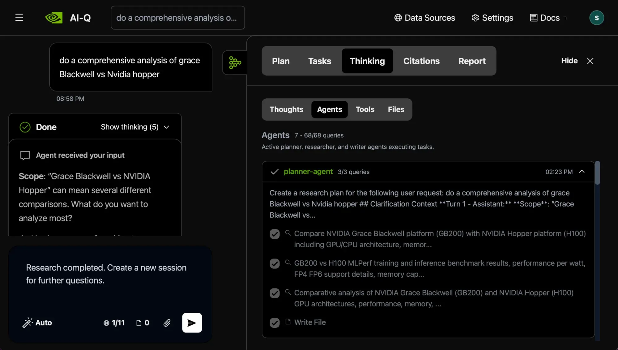 NVIDIA AI-Q Research Assistantの実行画面