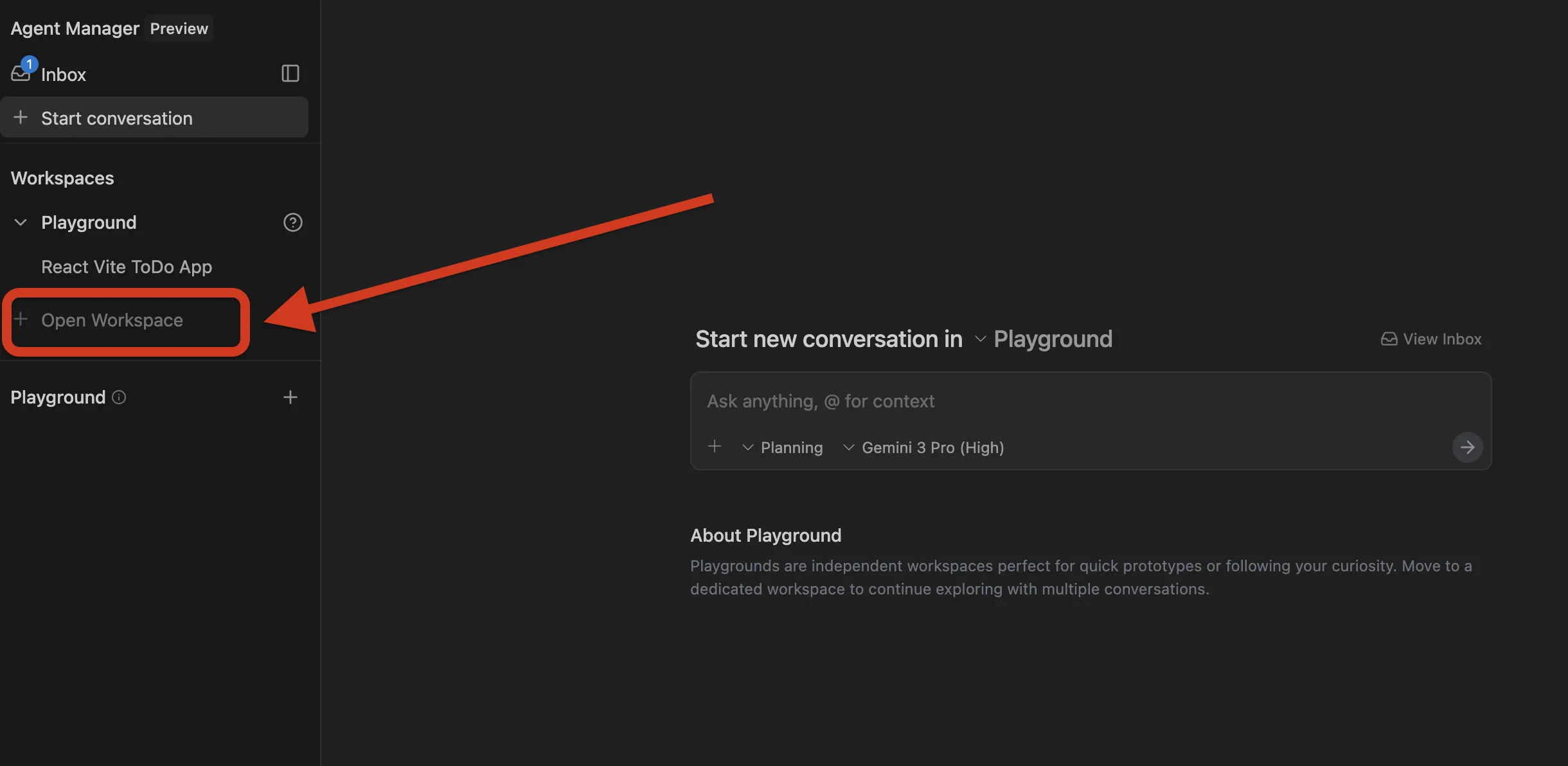 ワークスペースを開く