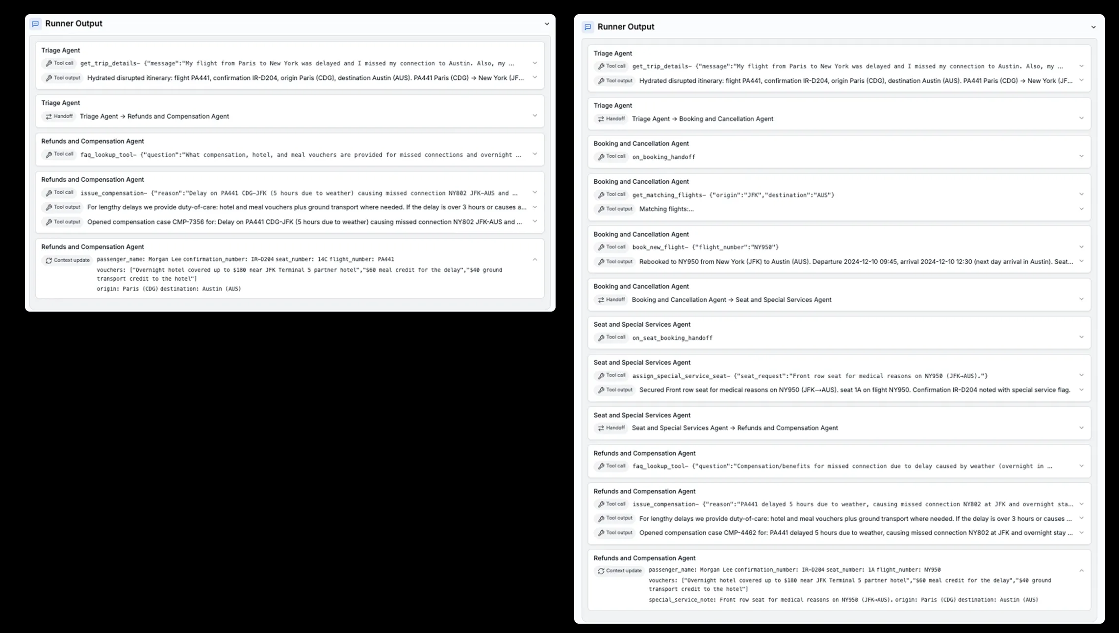 同じ航空会社サポートシナリオにおけるツール呼び出しログの比較。左:GPT-5.1、右:GPT-5.