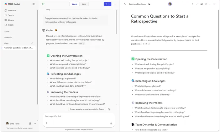 Copilot Chat と Copilot Pages のサイドバイサイド表示