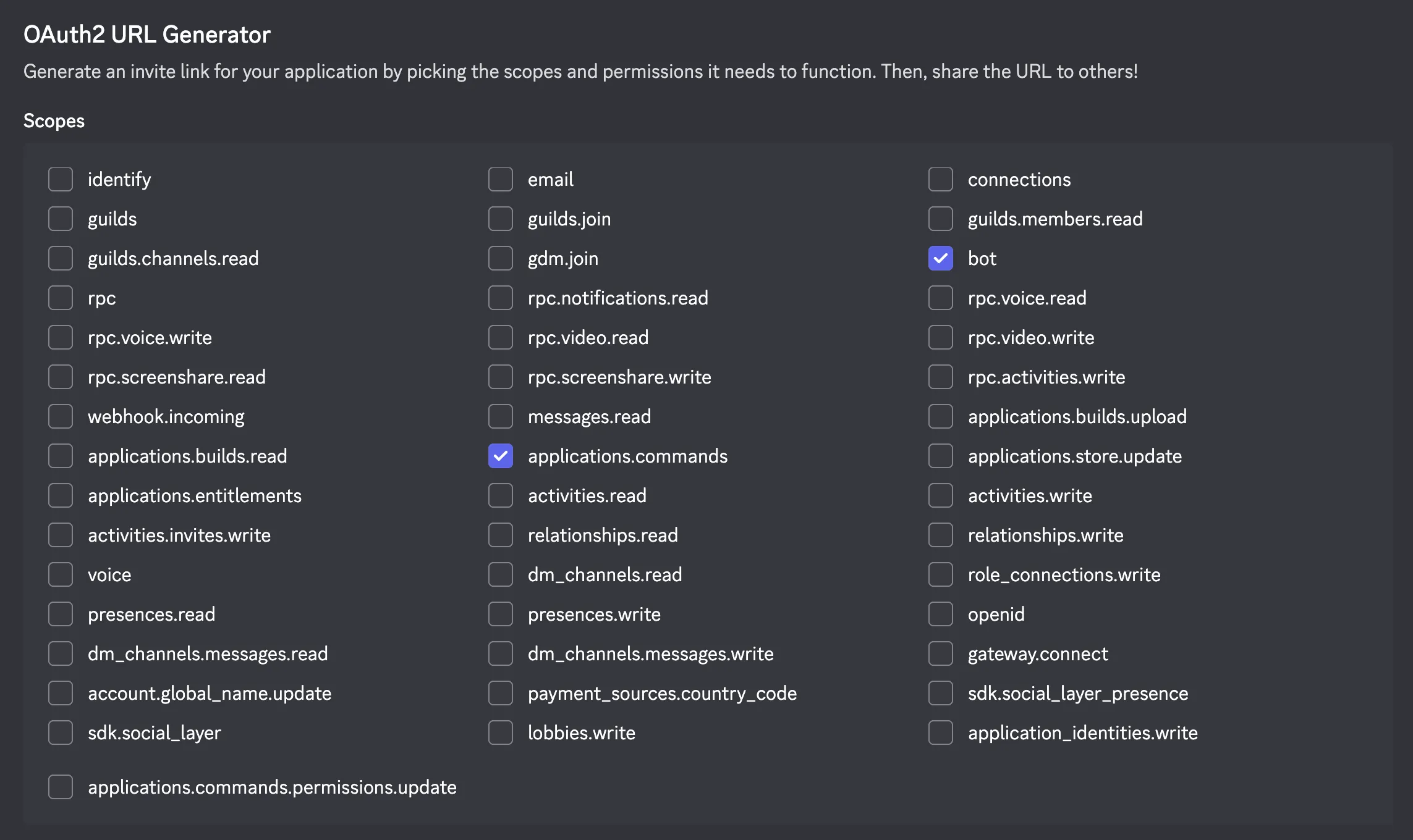 botとapplications.commandにチェック