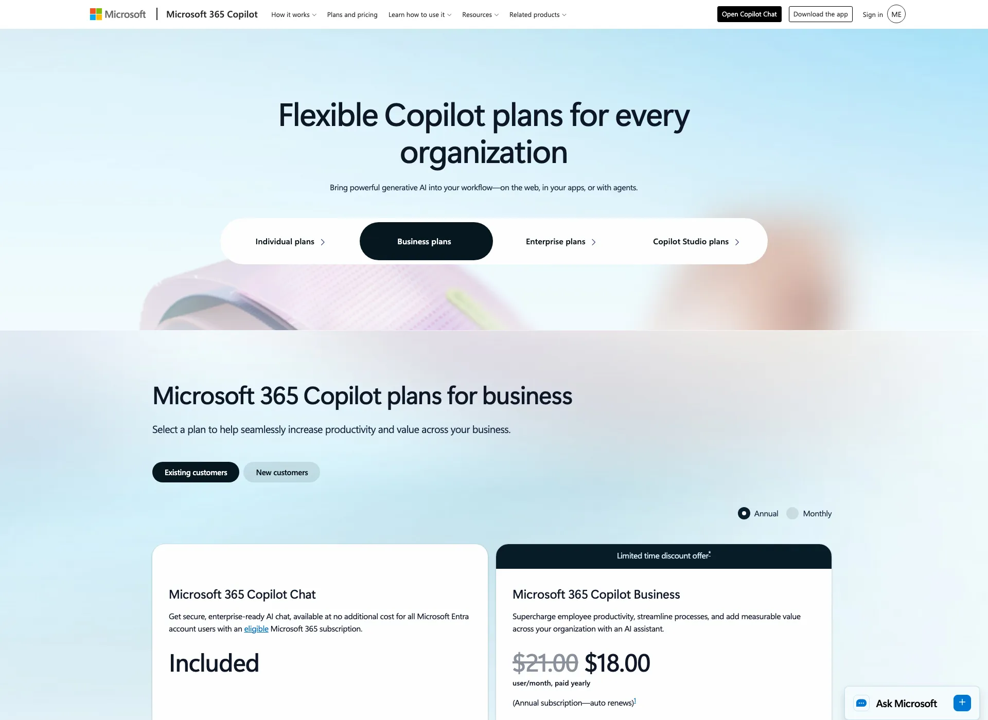Microsoft 365 Copilot 公式価格ページ(Business plans)