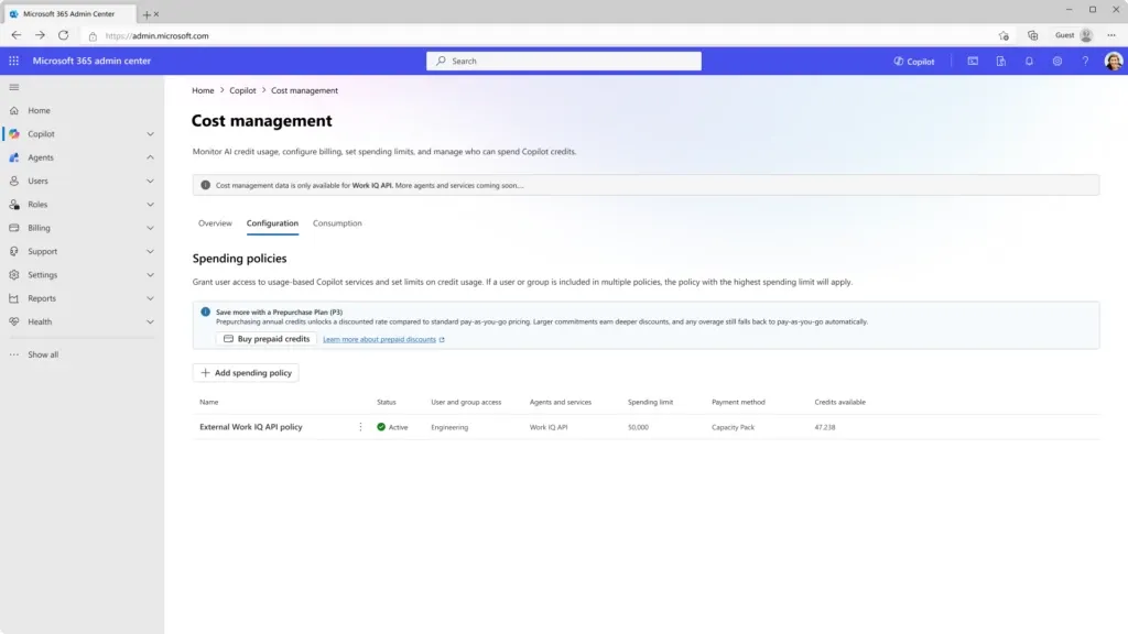 Microsoft 365 admin centerのCopilot Credits管理画面