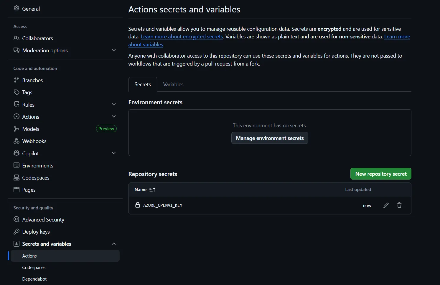 GitHub Secrets設定画面
