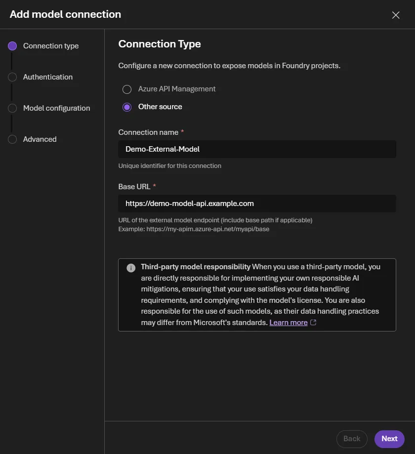 Connection name と Base URL 入力