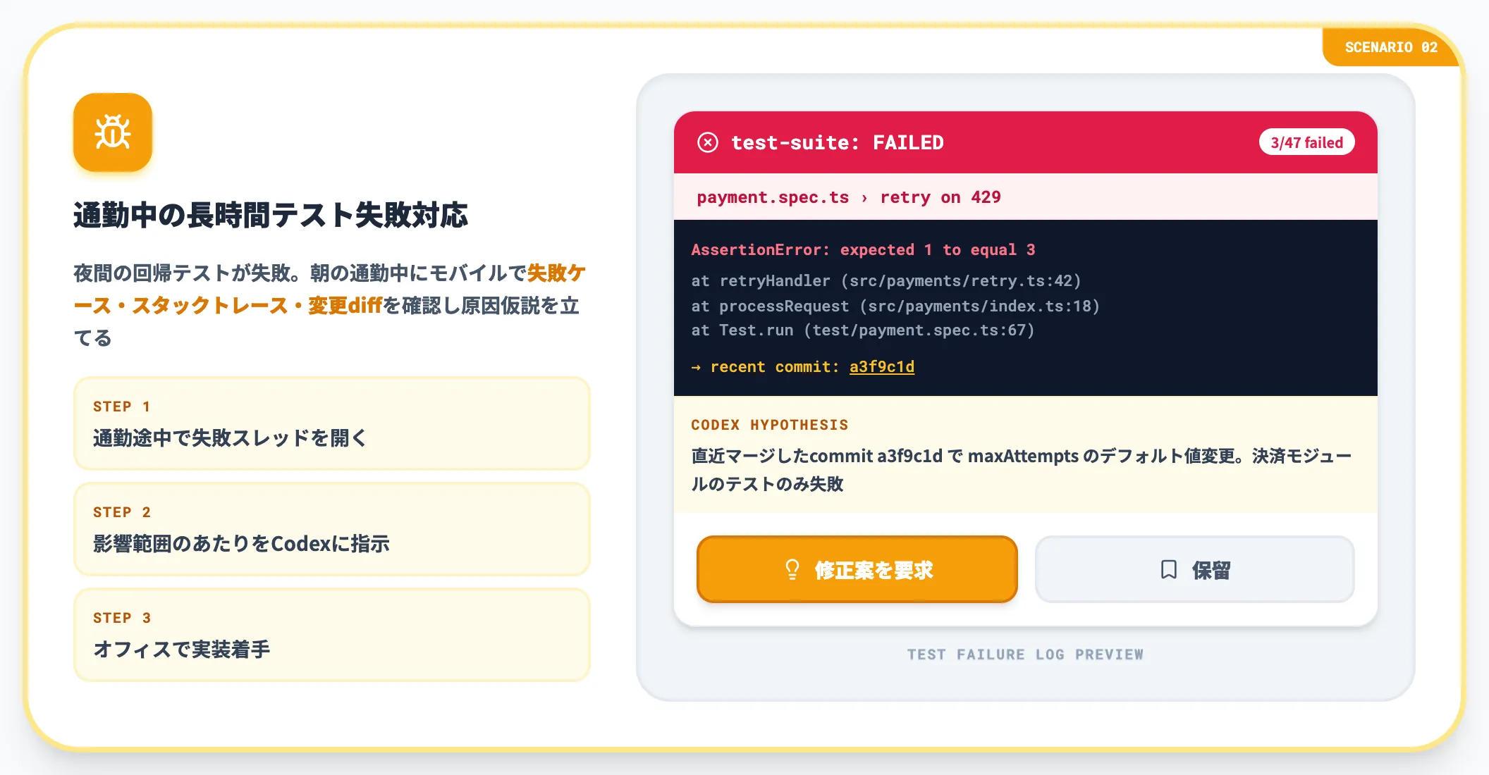 シナリオ②通勤中の長時間テスト失敗対応