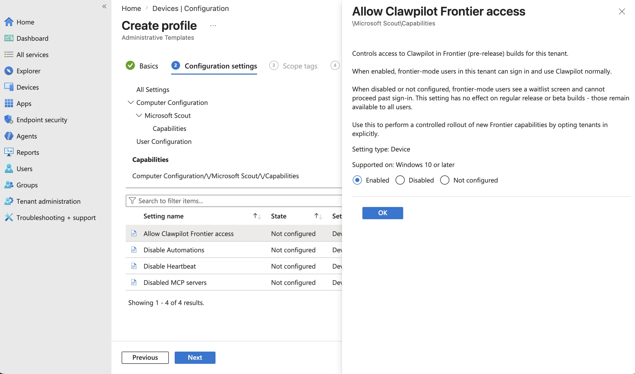 Intuneでの Allow Clawpilot Frontier access 設定画面