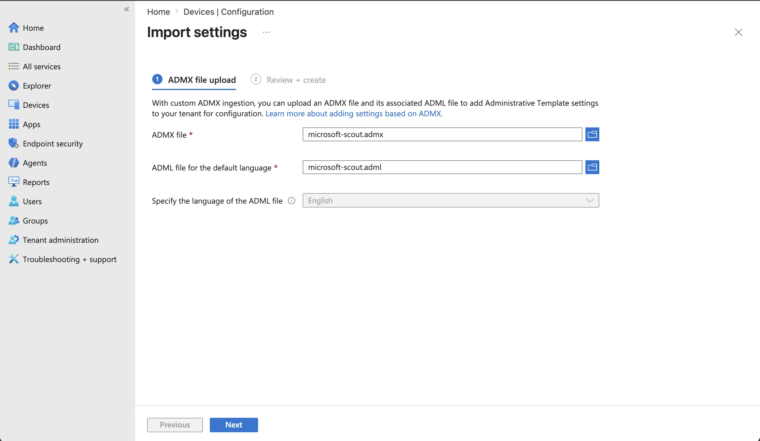 Microsoft Scout ADMX/ADMLテンプレートのIntuneインポート画面