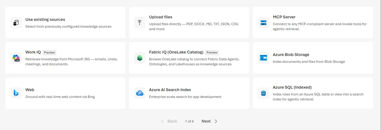 Foundry IQのナレッジソース選択画面（Work IQ・Fabric IQ・Web・MCP Server・Azure Blob Storage・Azure AI Search Index・Azure SQL等のカードが並ぶ）