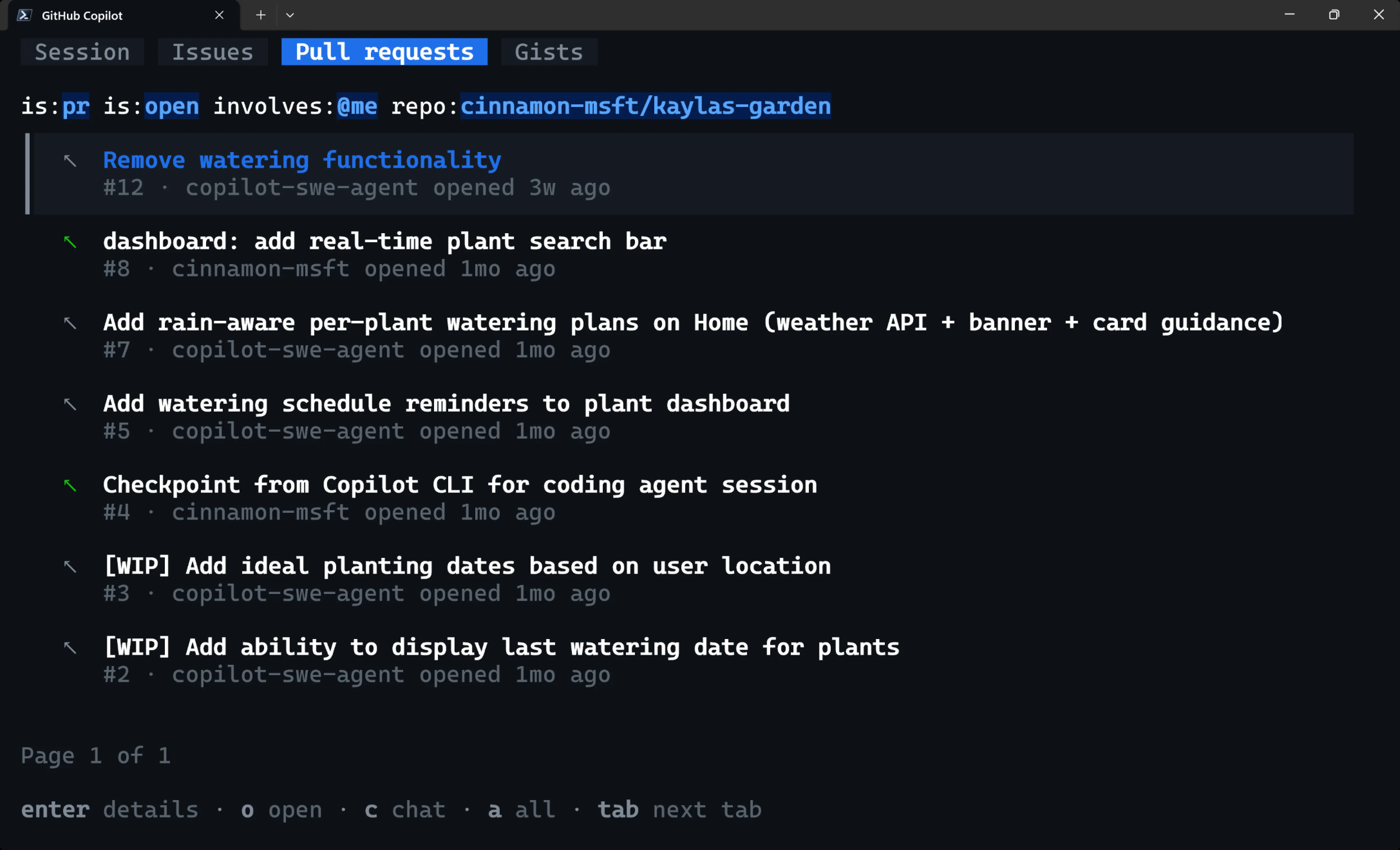 Copilot CLIの新TUIタブ（Session/Issues/Pull requests/Gists）