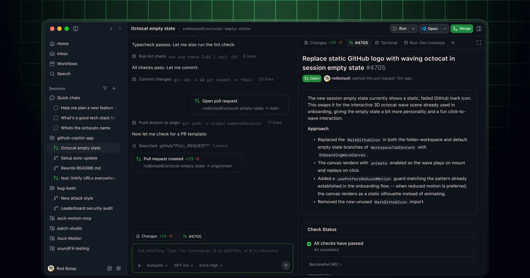GitHub Copilot appの実画面（スプリットビューUI）