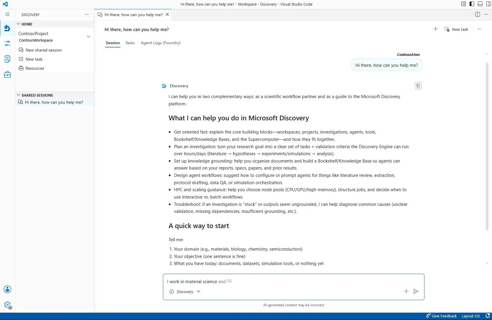 Microsoft Discovery Studioのチャットインターフェイス