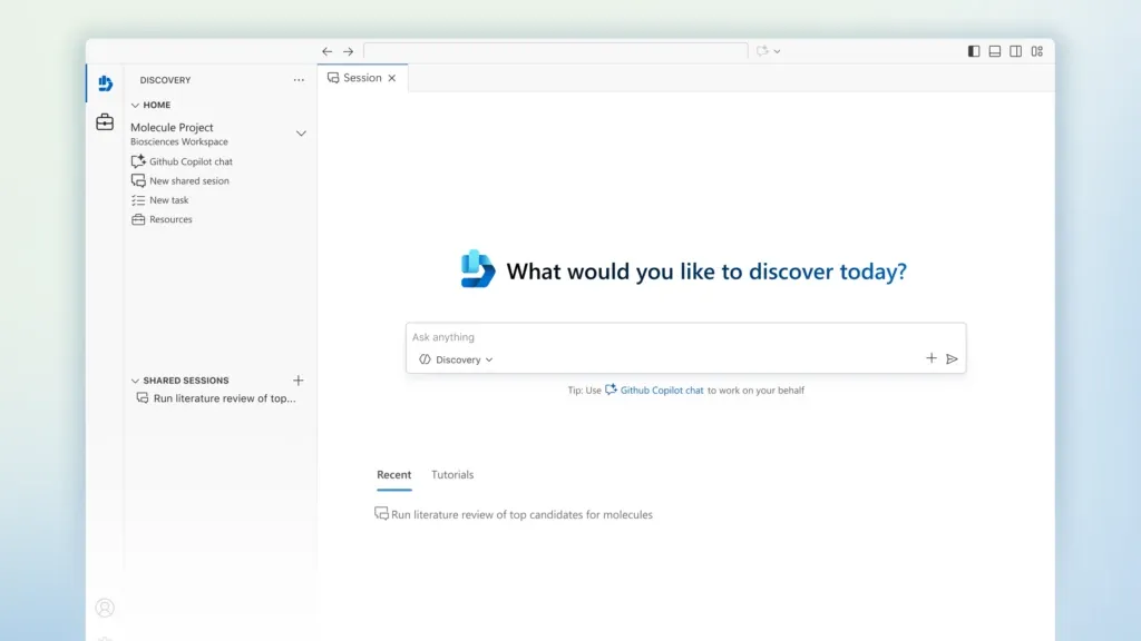 Microsoft Discoveryのワークスペース画面（Molecule Project）