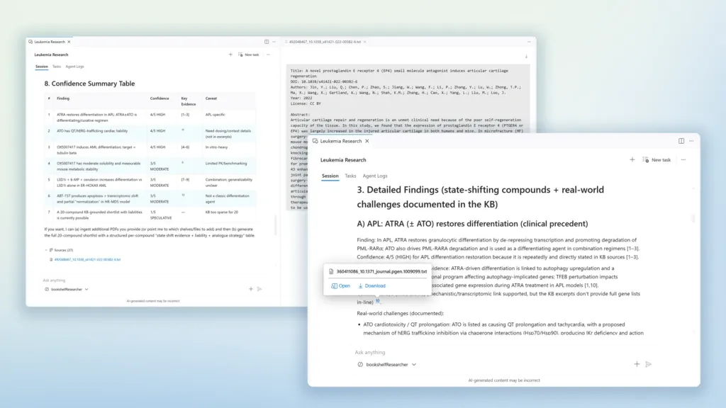 Microsoft DiscoveryのLeukemia Research分析画面とConfidence Summary Table