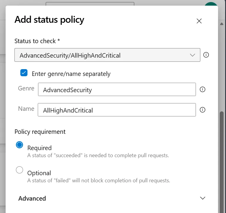 Advanced Security status policyダイアログ