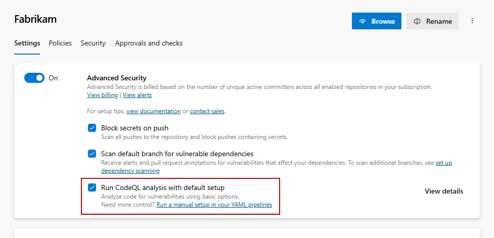 CodeQL Default setup有効化画面