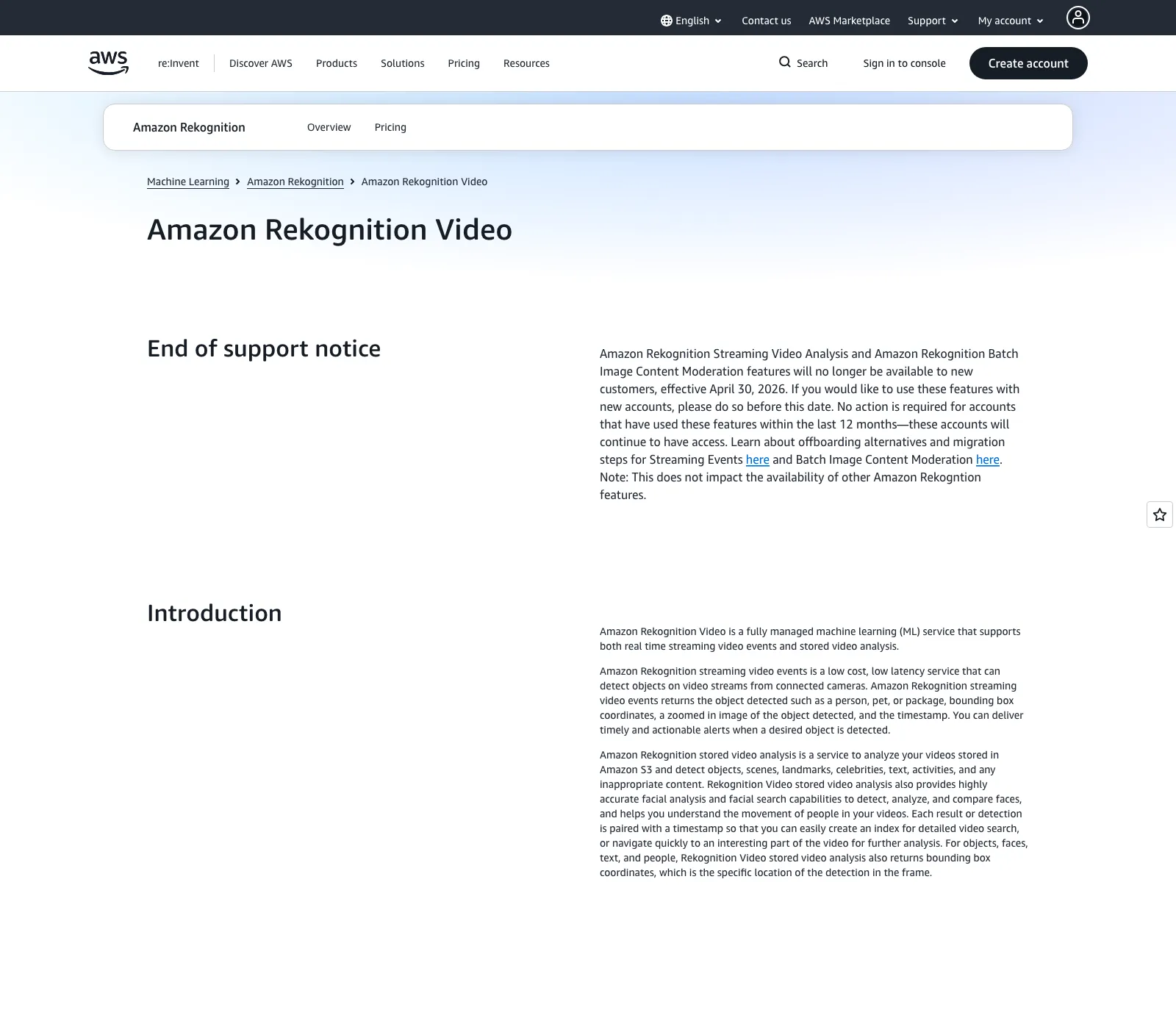 Amazon Rekognition Video公式ページのEnd of support notice