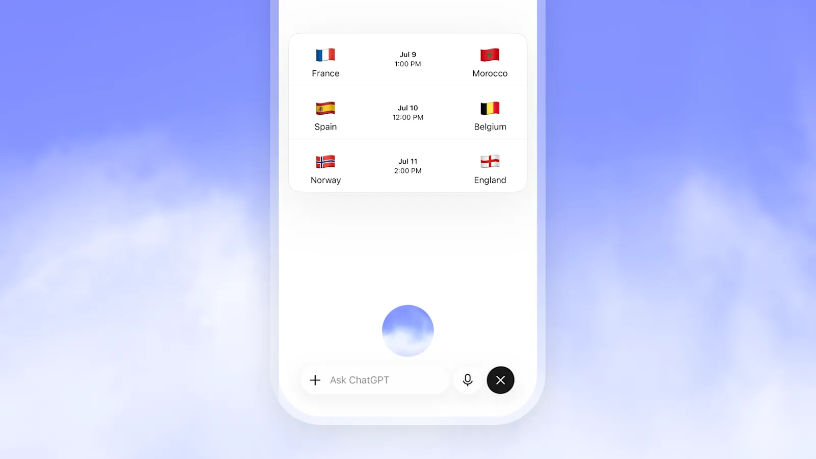 ChatGPT Voiceがサッカーの試合予定を表示している画面