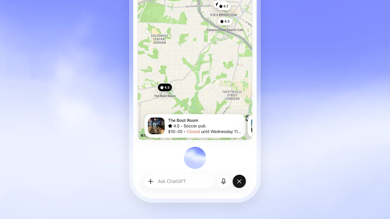 ChatGPT Voiceが近隣のパブを地図で表示している画面