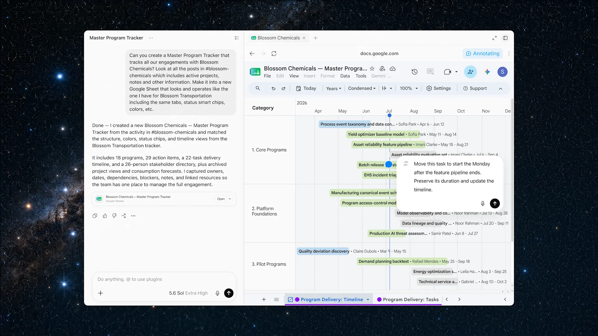 ChatGPT WorkがGoogle Sheetsでプログラム管理表を仕上げる例