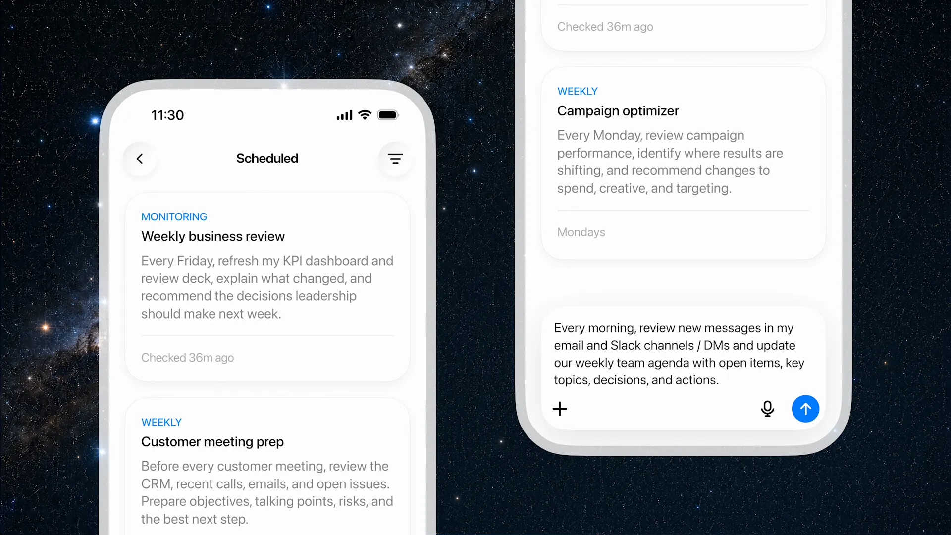 ChatGPT WorkのScheduled Tasks画面と定期実行の設定例