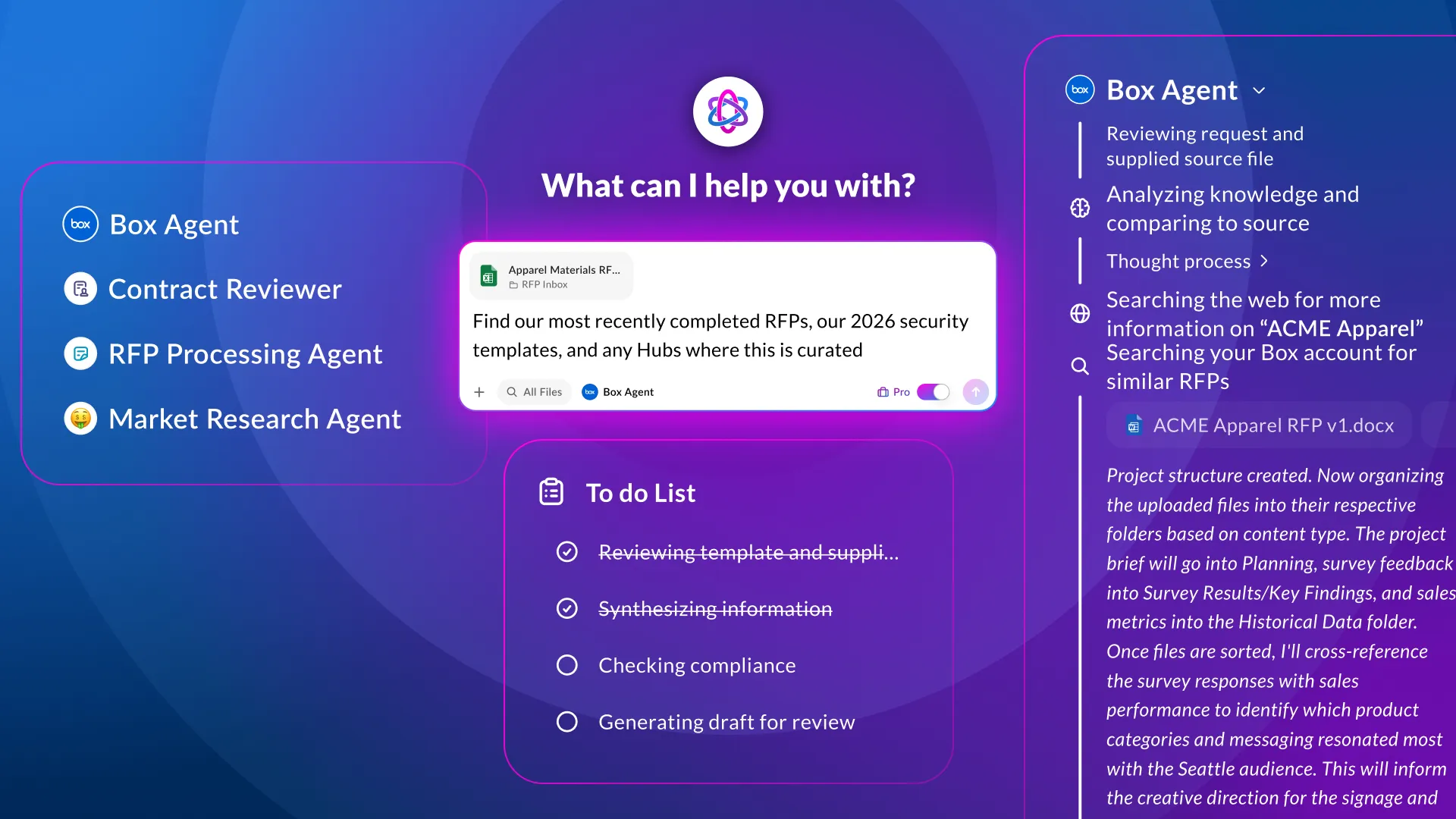 新Box Agentの操作UI例(Pro Mode有効・Contract ReviewerやRFP Processing Agent等のカスタムエージェントを並列で扱える)
