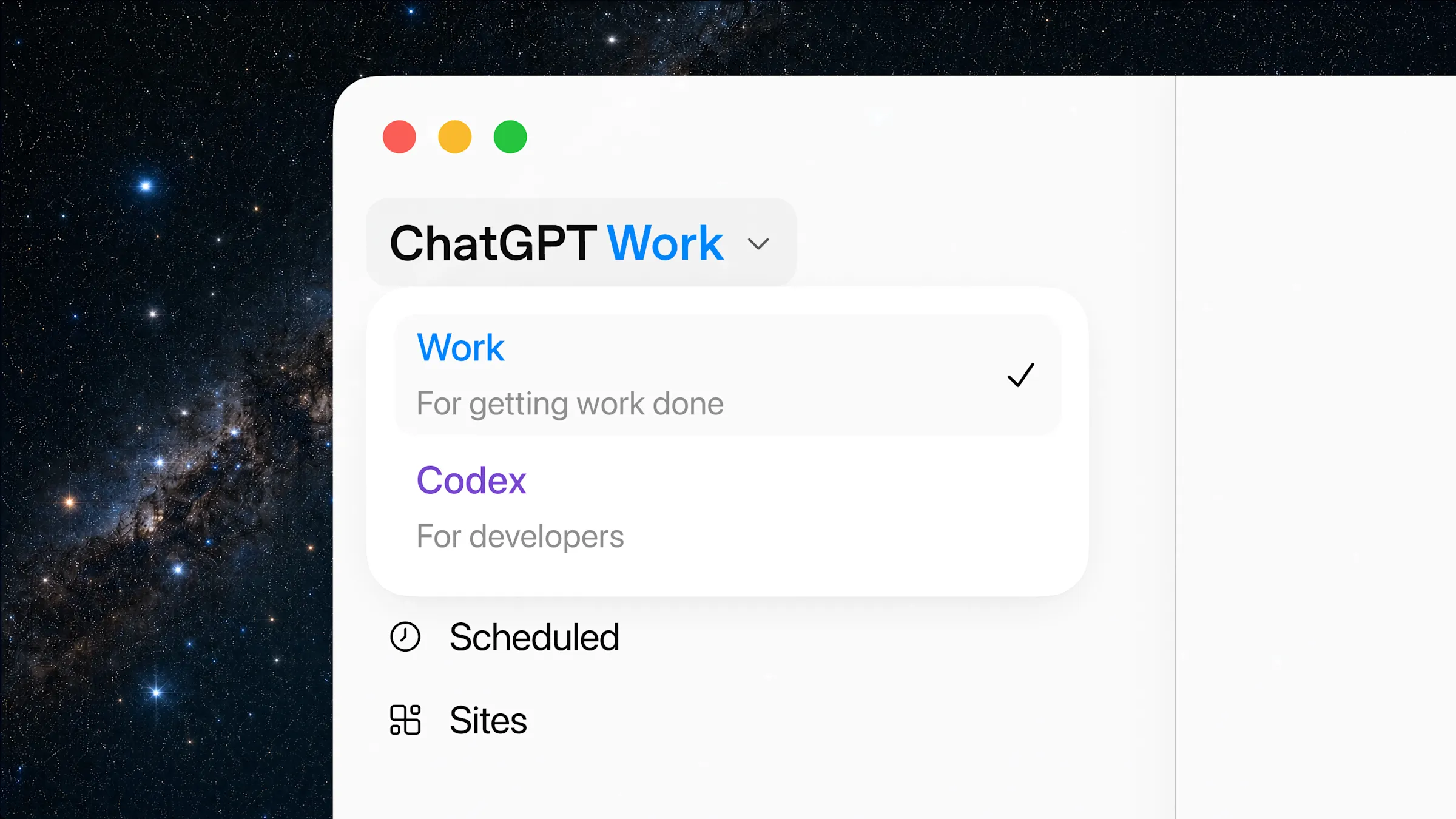 ChatGPT desktop appのWork/Codex/Sitesピッカー