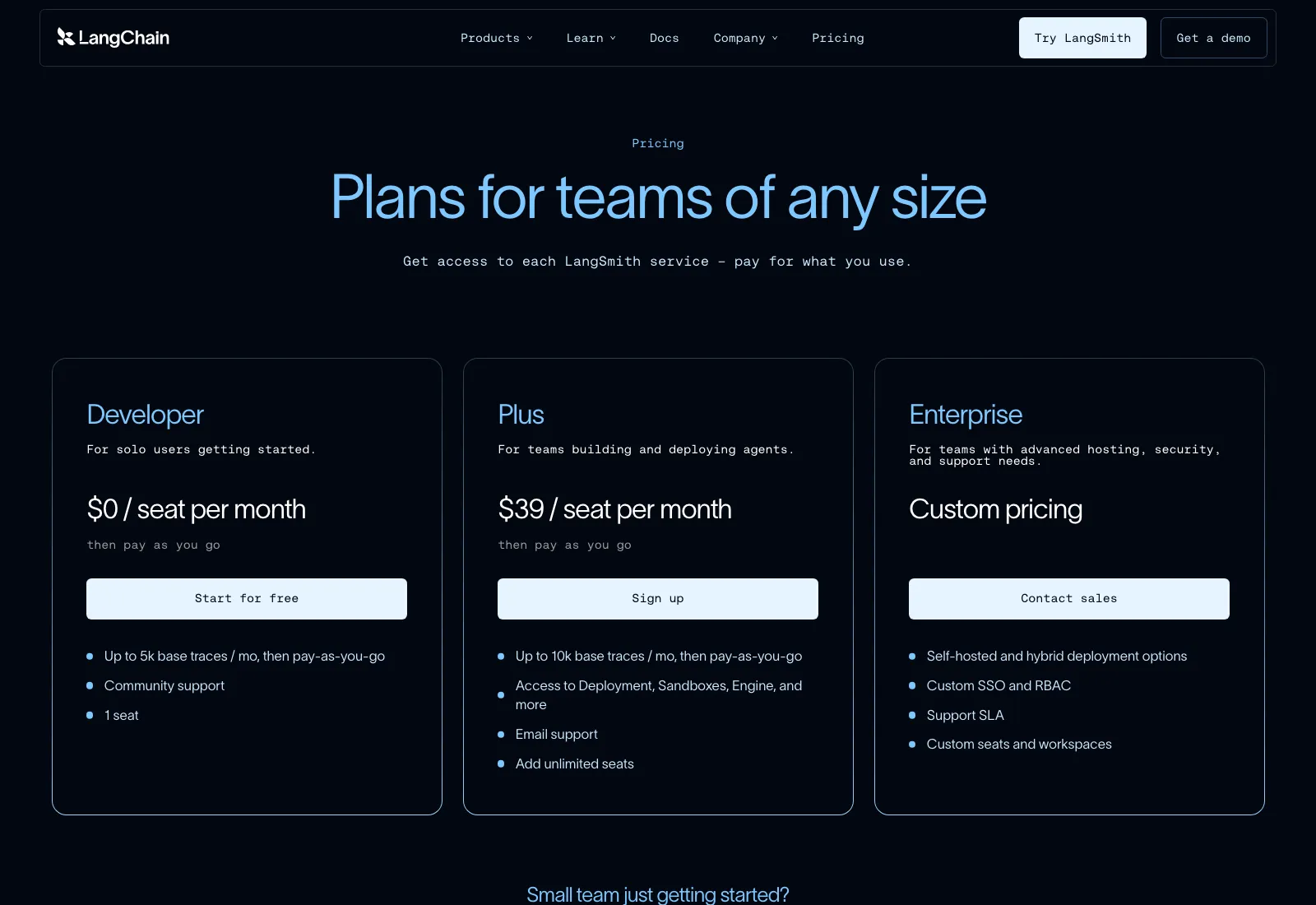 LangChain公式pricingページ Developer/Plus/Enterprise 3プラン