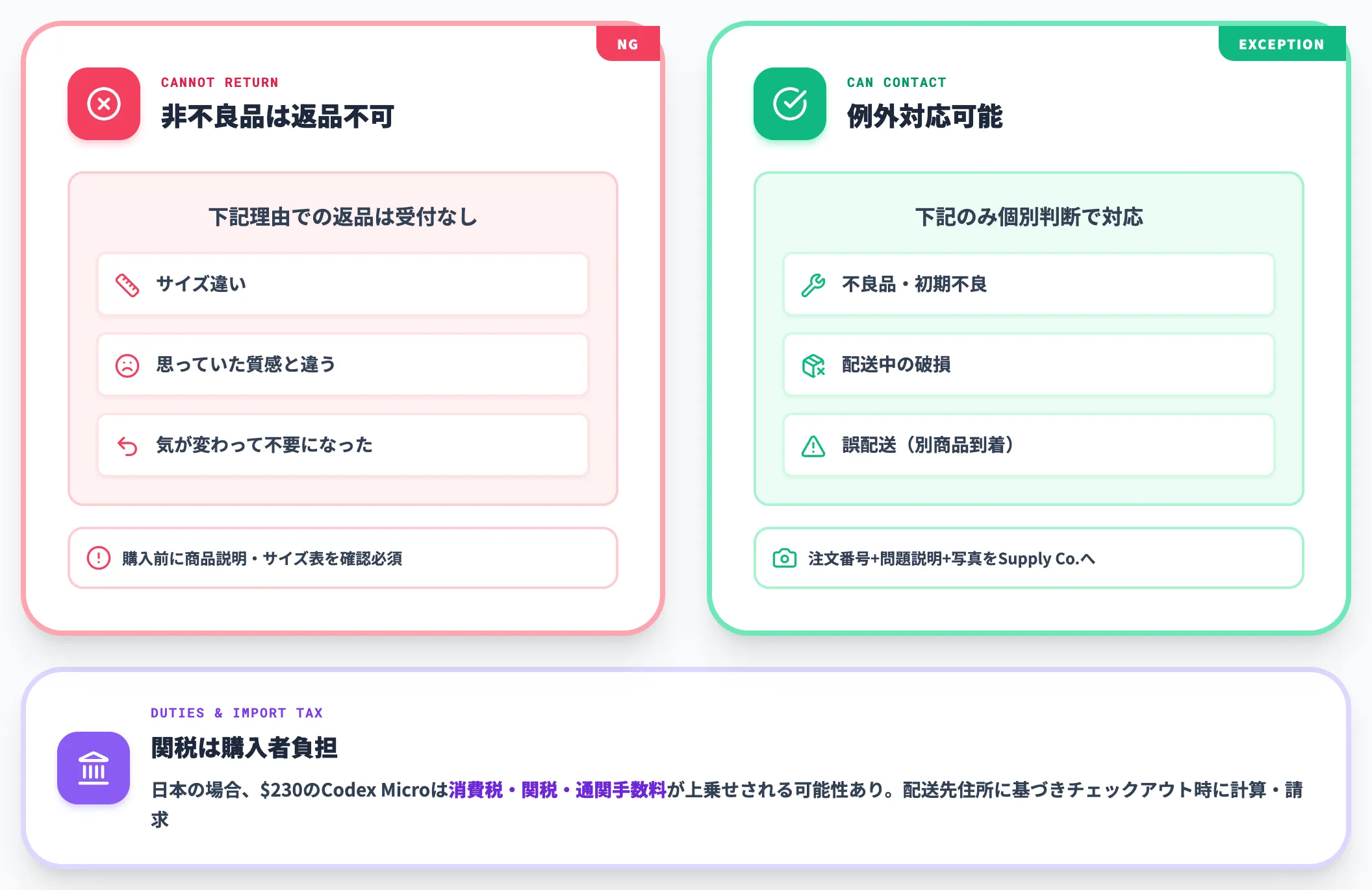 非不良品の返品交換は不可・関税は購入者負担