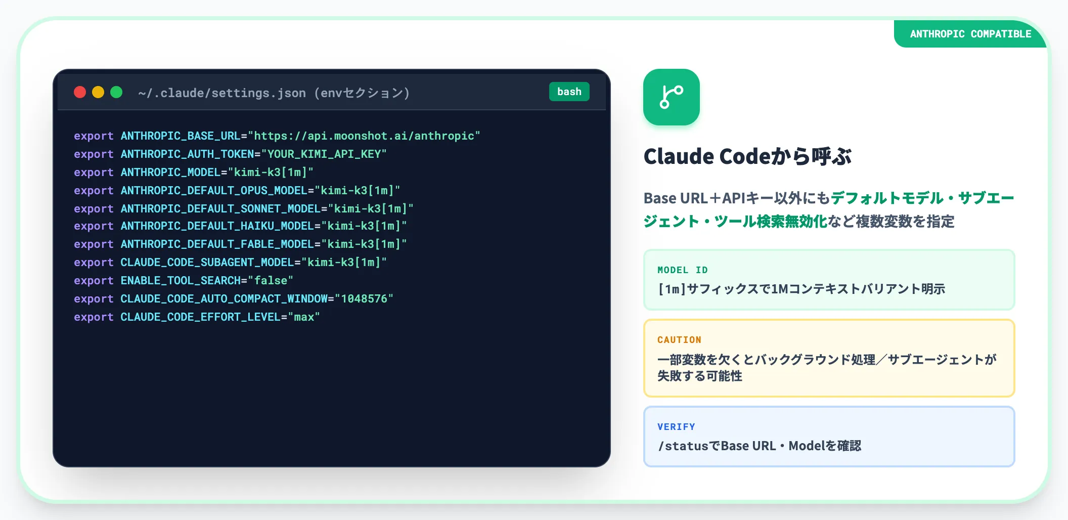 Anthropic Compatible API Claude CodeからKimiを呼ぶ