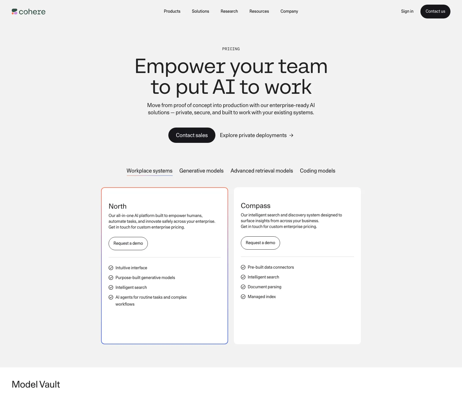 Cohere公式pricingページのWorkplace systemsセクション