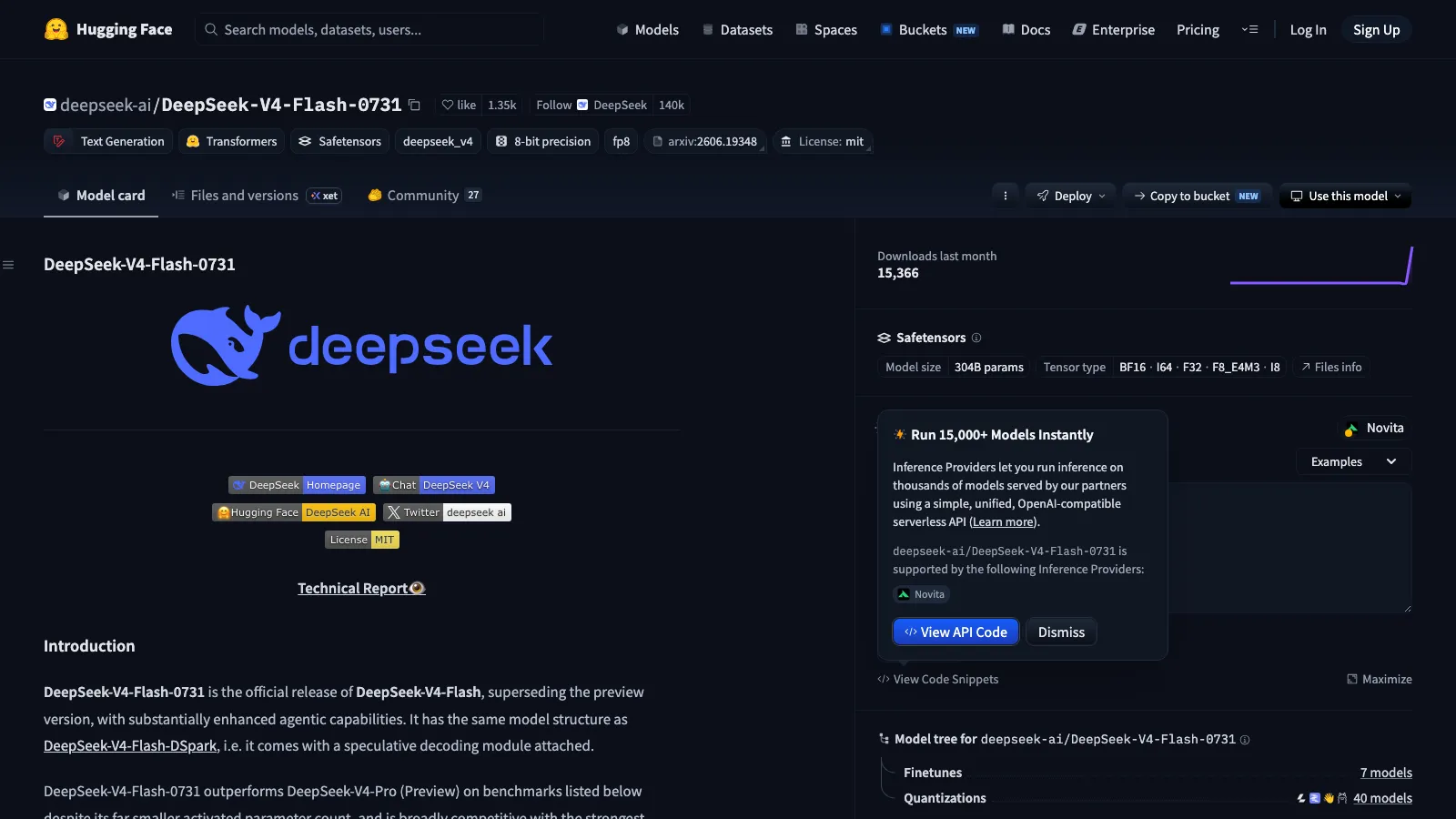 Hugging Face公式のDeepSeek-V4-Flash-0731モデルカード