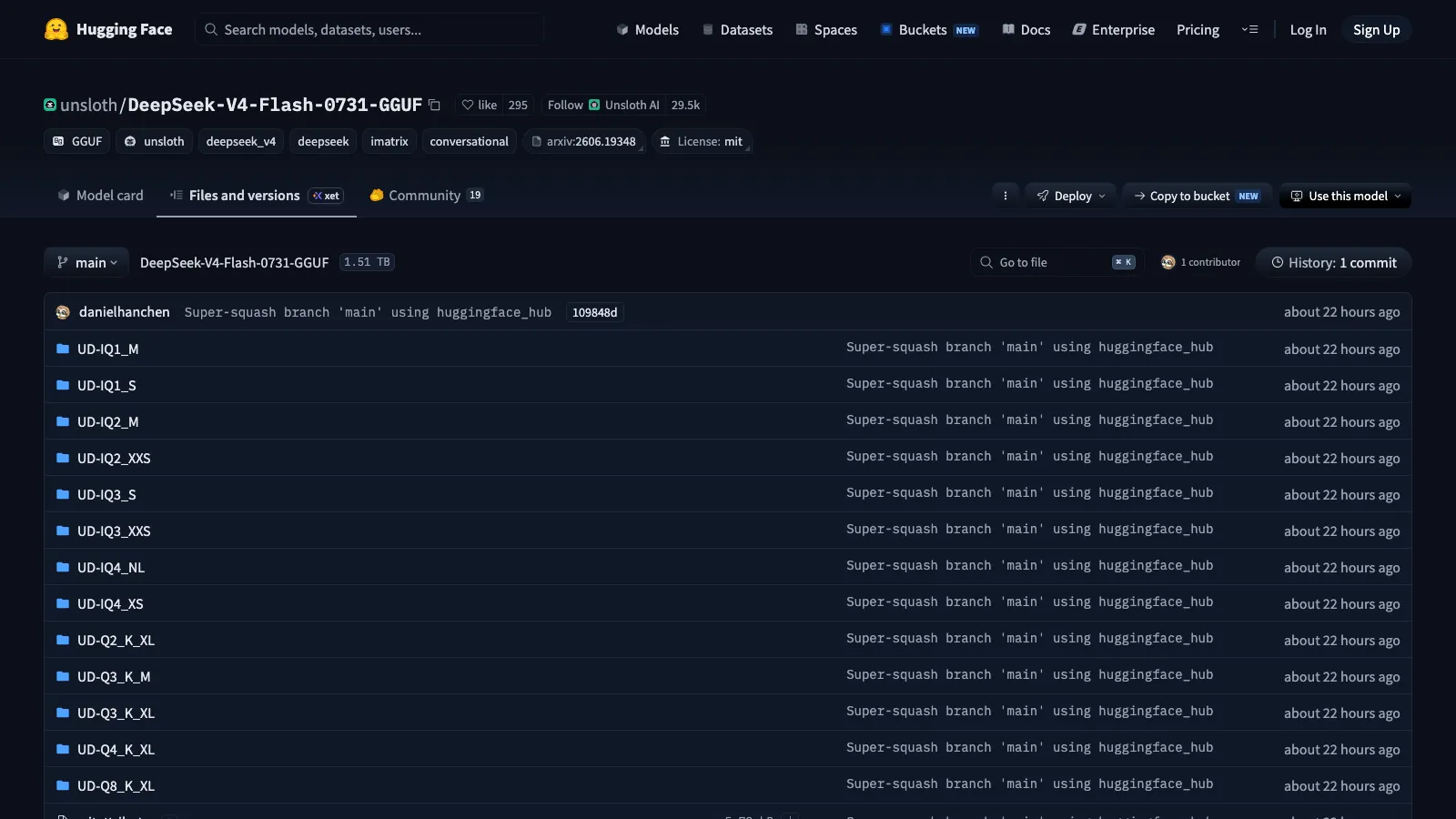 Unsloth公開のDeepSeek-V4-Flash-0731-GGUFファイルツリー