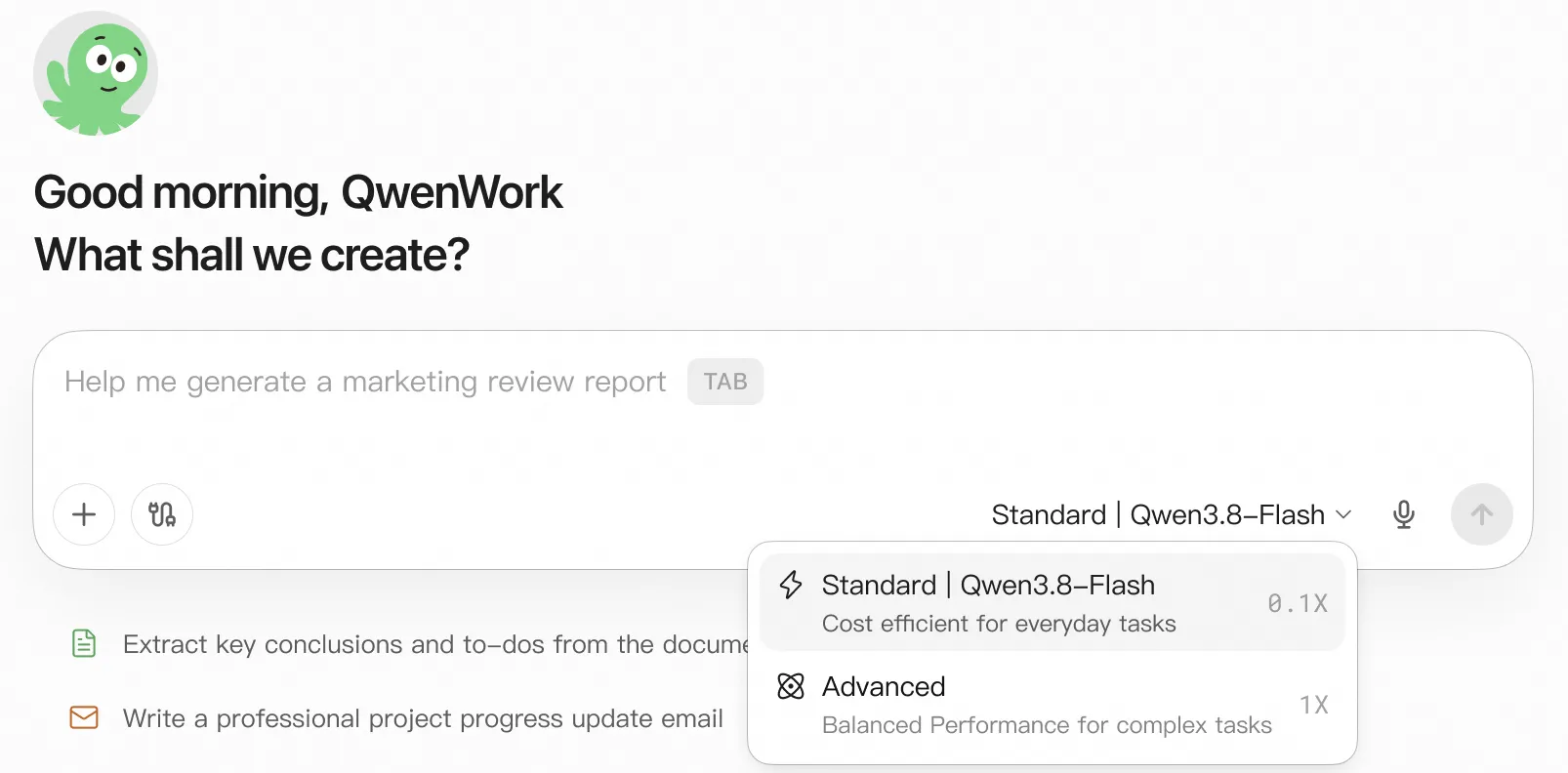 QwenWorkのStandard modeに統合されたQwen3.8-Flash