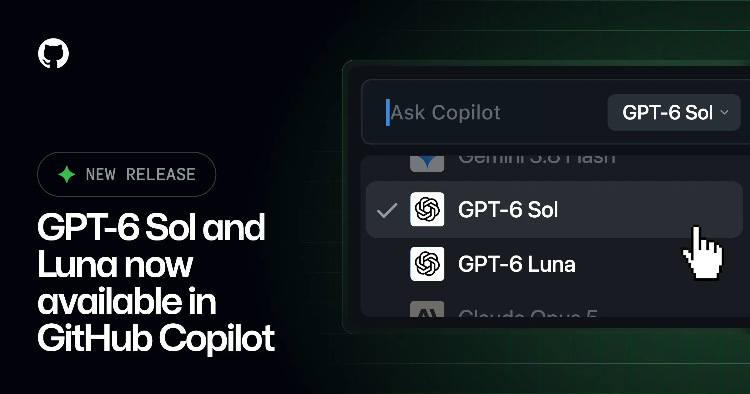 GitHub Copilot に GPT-6 Sol と Luna が追加されたキービジュアル