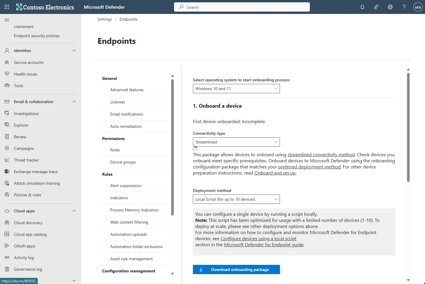 Microsoft Defenderポータルのデバイスオンボーディング画面
