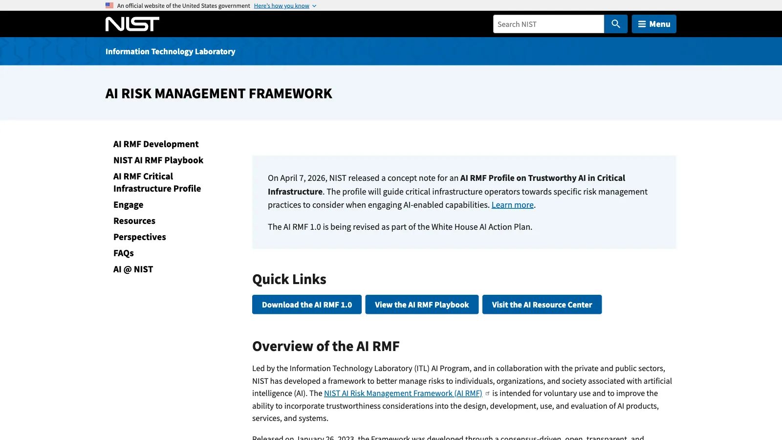 NIST AI Risk Management Framework 公式ページ