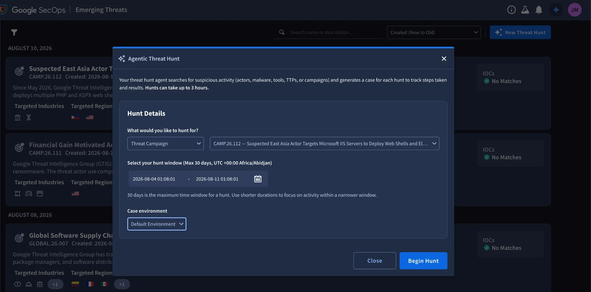 Google SecOps Threat Hunt Agentの実行モーダル