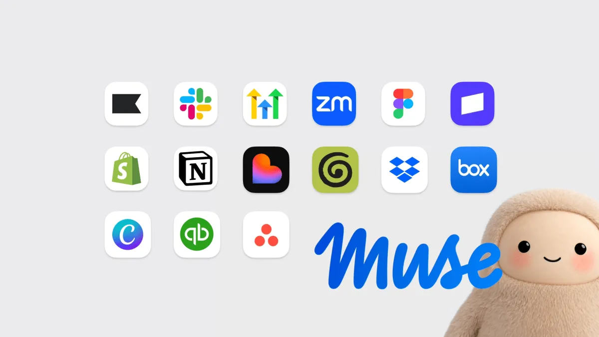 Muse for Small Businessが接続する連携サービス群とマスコットJolly