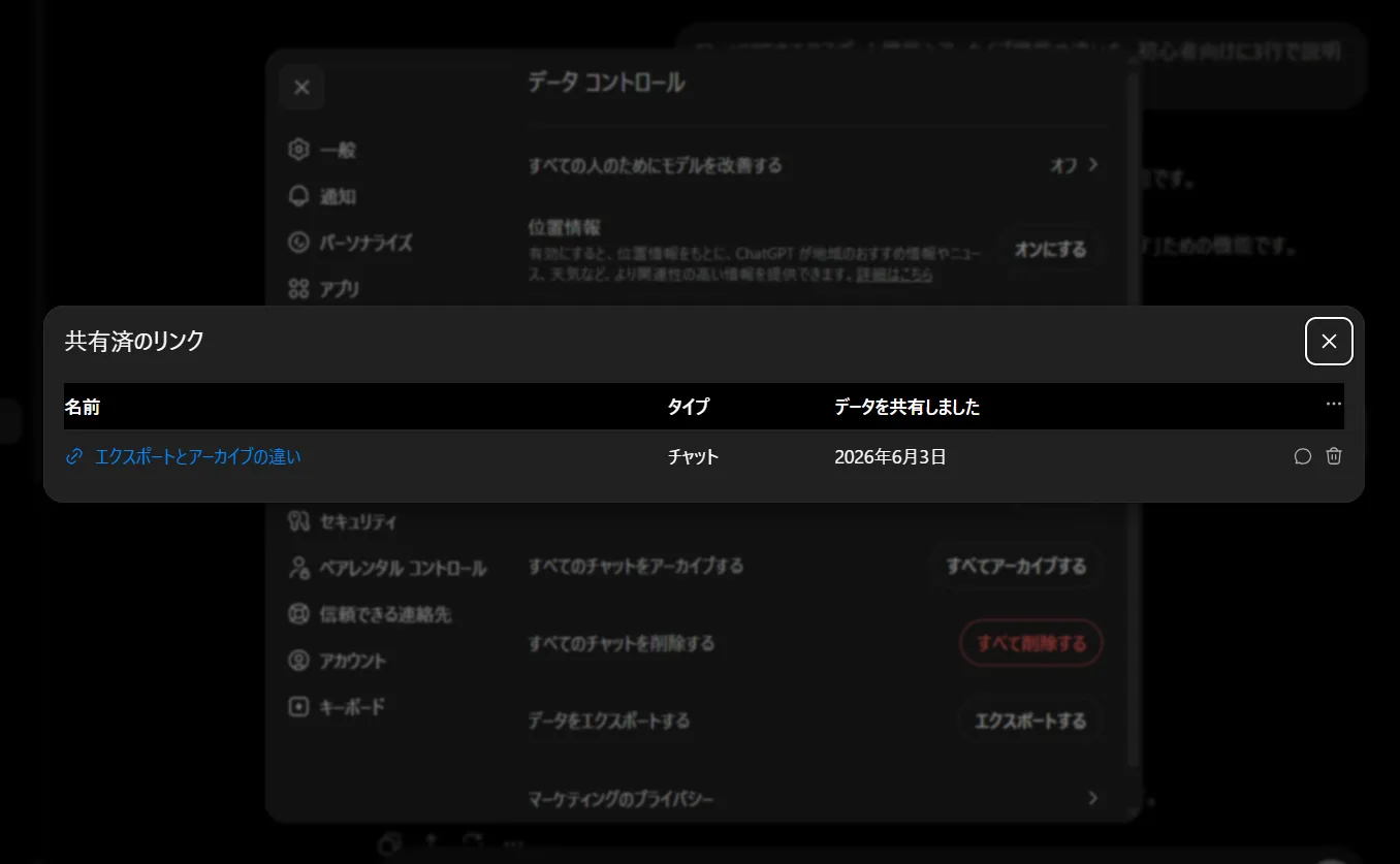 共有リンク管理画面