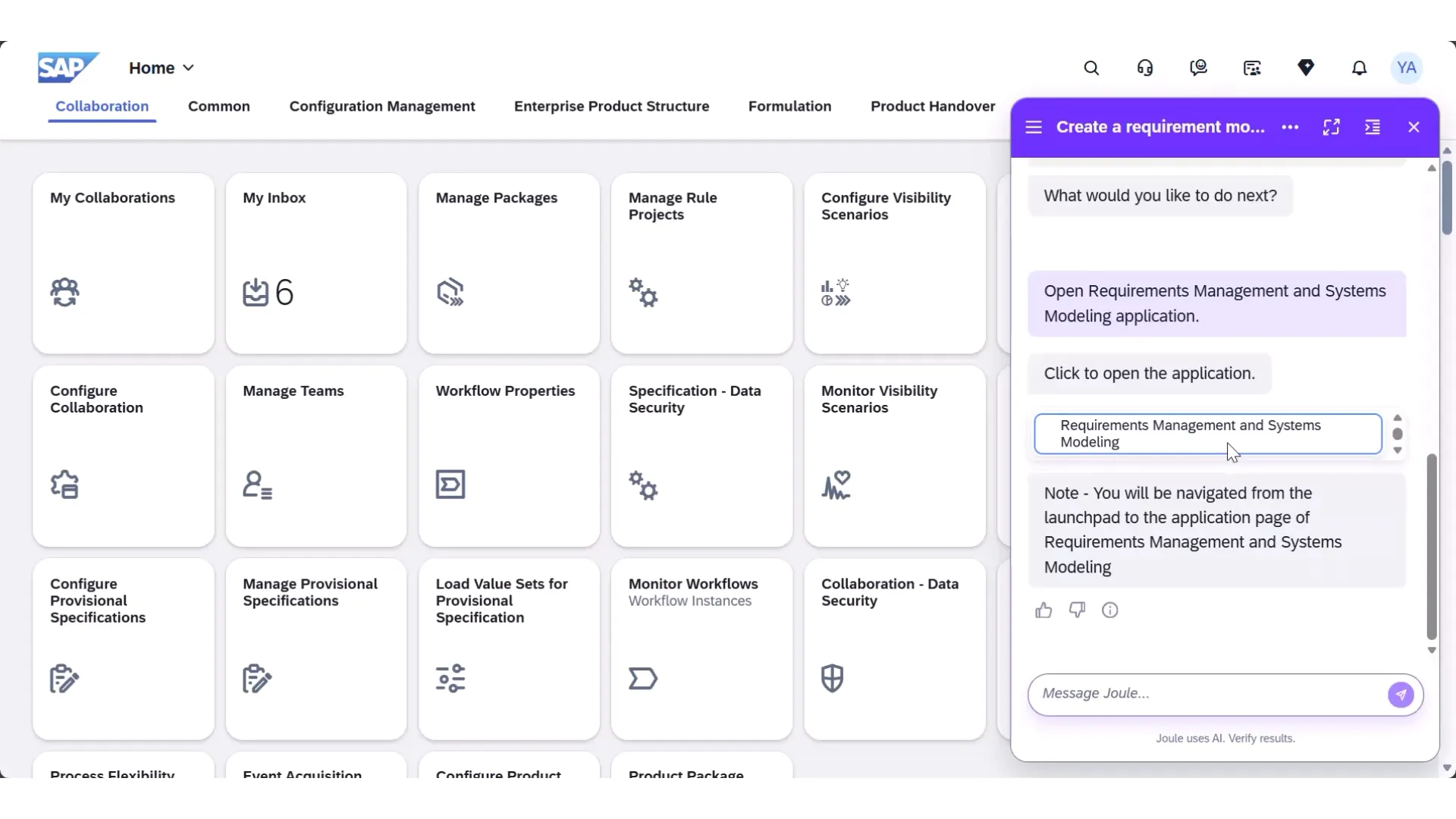 SAP Joule × Integrated Product Development の AI-assisted requirements model creation 画面
