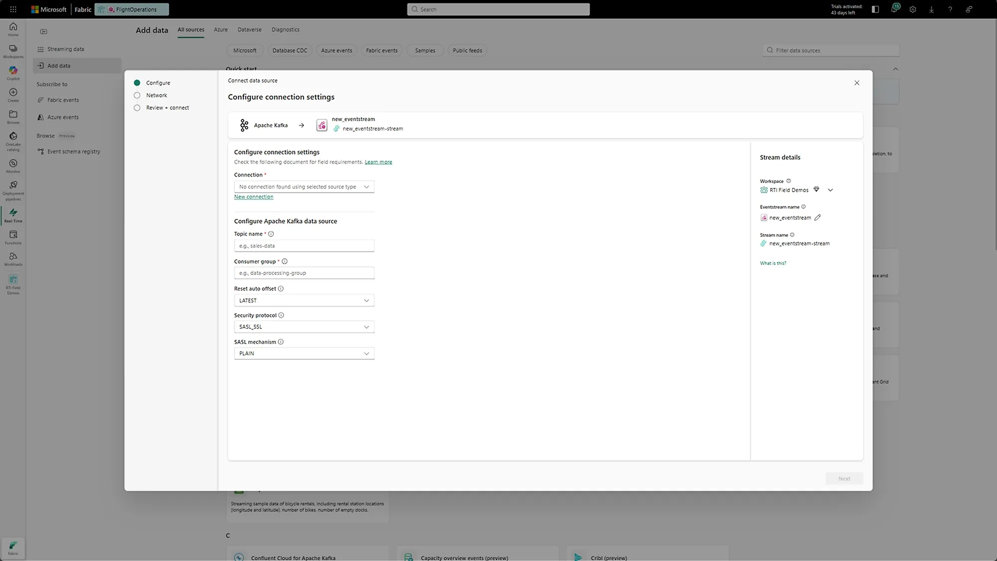Microsoft Fabric Real-Time IntelligenceのApache Kafka接続設定画面